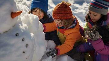 ai generative Children of different ethnicities building snowman in park with big snow blanket photo