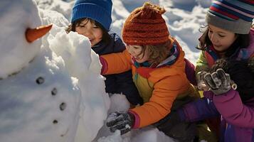 ai generativo niños de diferente etnias edificio monigote de nieve en parque con grande nieve cobija foto