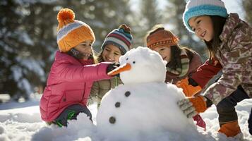 ai generative Children of different ethnicities building snowman in park with big snow blanket photo