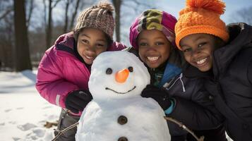 ai generativo niños de diferente etnias edificio monigote de nieve en parque con grande nieve cobija foto