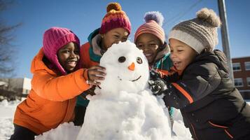 ai generativo niños de diferente etnias edificio monigote de nieve en parque con grande nieve cobija foto