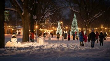 ai generative  People in christmas park by night playing with their children, christmas feeling photo