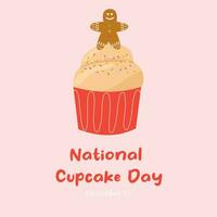 National Cupcake Day. December 15. Cupcake with cream, sprinkle and gingerbread man decoration. vector