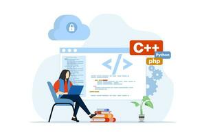 Web development or programming language concept. css, html, IT, ui. Cartoon character programmer developing website, coding. Software developer with laptop. Vector illustration on white background.