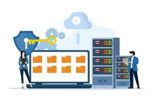 base de datos seguridad concepto, datos centro, programación, ingeniero, tecnología, datos transmisión esquema, seguro conexión. servidor habitaciones, datos centros, y bases de datos seguro y seguro plano vector. vector