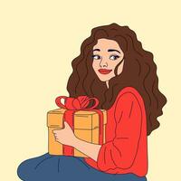 Girl with gift box, on background isolated. Vector illustration