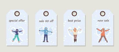 vector conjunto de descuento precio etiquetas etiquetas con contento personas haciendo nieve ángel. Navidad venta.