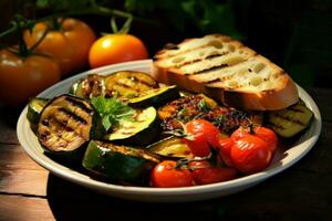 Tasty dish of grilled vegetables and baked bread on plate. Generate Ai photo