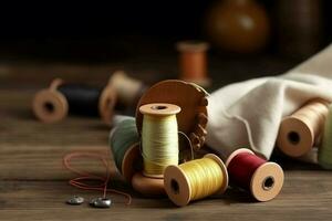 Pincushion spools thread equipment on wooden table. Generate ai photo