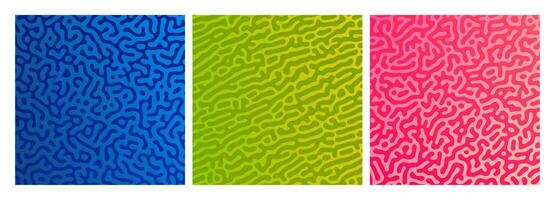 Set of three colorful turing reaction gradient backgrounds. Abstract diffusion pattern with chaotic shapes. Vector illustration.