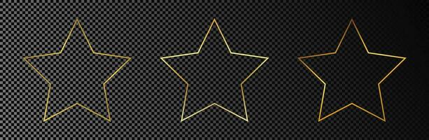 Set of three gold glowing star shape frames isolated on dark background. Shiny frame with glowing effects. Vector illustration.