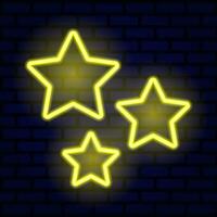 Three yellow bright neon stars illuminated on a brick wall background with backlight. Illustration. photo