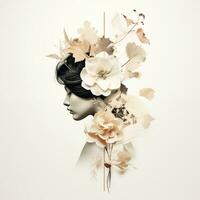 Clásico collage imagen de un mujer con flores en su cabeza, tarjeta postal, creativo Arte. generado por ai foto