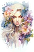 Watercolor female portrait, young girl, fictional non-existent character generated by AI. Illustration on a white background photo