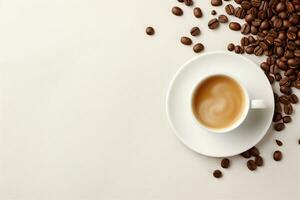 Cup of coffee on a white background, empty space for design, grains, surface, banner photo