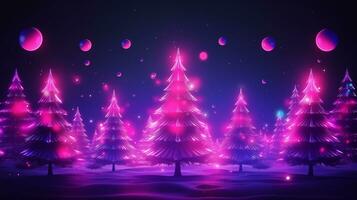 Merry Christmas and happy New Year background. Neon banner, poster, blue, pink, purple photo