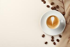 Cup of coffee on a white background, empty space for design, grains, surface, banner photo