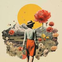 Vintage travel collage, postcard, poster, advertising in retro style. Landscape, nature, woman. Generated by AI photo