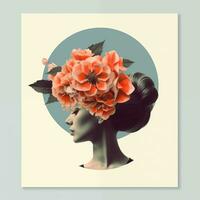 Clásico collage imagen de un mujer con flores en su cabeza, tarjeta postal, creativo Arte. generado por ai foto