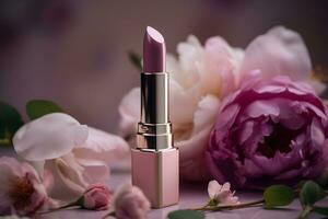 rosado lápiz labial en floreciente flores, cosmético y maquillaje producto, fotorrealista imagen, comercial publicidad. ai generativo ilustración. foto