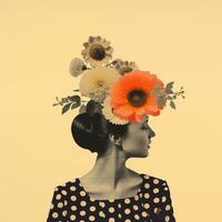 Vintage collage image of a woman with flowers on her head, postcard, creative art. Generated by AI photo