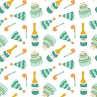 Seamless pattern with birthday party hat, cake, bottle of champagne in cute doodle style. Childish design with holiday clipart for wrapping paper, print, fabric, scrapbook. Bright festive background. vector