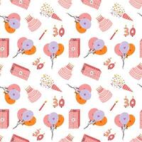 Seamless pattern with birthday cake, gift box, balloon, confetti, number candle in cute doodle style. Romantic design with holiday clipart for wrapping paper, print, fabric. Bright festive background vector