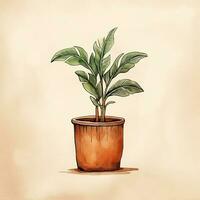 House plant in pot, watercolor illustration, isolated clipart on white background, green leaves, flower photo