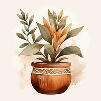 House plant in pot, watercolor illustration, isolated clipart on white background, green leaves, flower photo