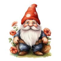 Watercolor garden gnome in a cap, cute illustration on a white background photo