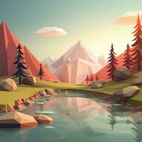 Landscape in polygonal geometric style, mountains, forest, nature photo