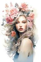 Watercolor female portrait, young girl, fictional non-existent character generated by AI. Illustration on a white background photo