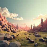 Landscape in polygonal geometric style, mountains, forest, nature photo