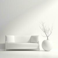 Empty white room, minimalist interior, sofa and flower. Free space for text, mockup, background photo