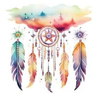 Watercolor rainbow art, dream catcher, feathers, clipart on white background photo