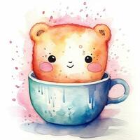 Cute watercolor illustration of a mug in kawaii style photo