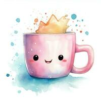 Cute watercolor illustration of a mug in kawaii style photo