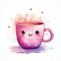 Cute watercolor illustration of a mug in kawaii style photo