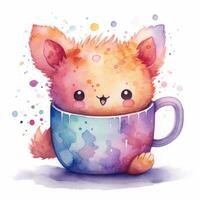 Cute watercolor illustration of kitten in a mug in kawaii style photo