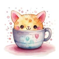 Cute watercolor illustration of kitten in a mug in kawaii style photo