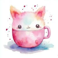 Cute watercolor illustration of kitten in a mug in kawaii style photo