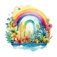 Watercolor rainbow illustration, floral art, clipart, single element for design on white background photo