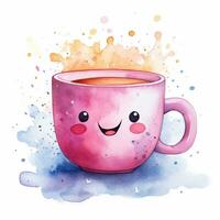 Cute watercolor illustration of a mug in kawaii style photo