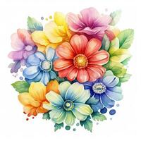 Watercolor flower bouquet, bright rainbow illustration on a white background photo