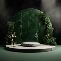 Gray marble podium on an even background with green tropical leaves photo