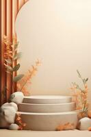 Empty podium made of pastel beige pink stone. Scene, stand with flowers photo