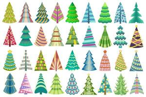 Abstract stylized decorative Christmas tree set. Colorful, decorated firs for New Year event. Vector, artistic geometric Christmas tree designs. vector