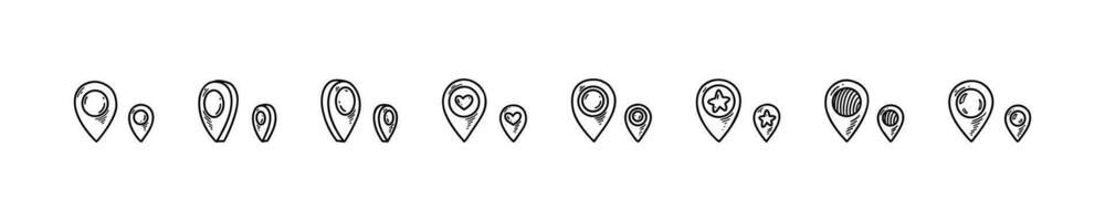 Location pin icons set. Doodle location marker. Sketch pinpoint. Hand drawn gps navigation mark. Destination position. Vector illustration
