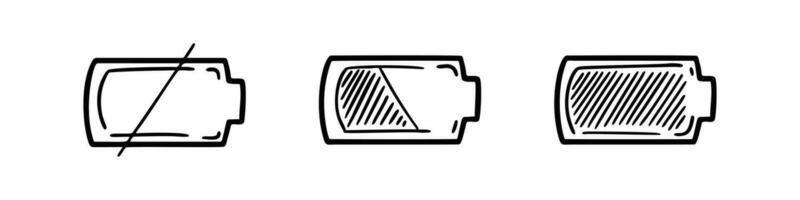 Doodle battery charging level. Low, full, empty, discharged mobile phone. Energy percentage indicator. Power strength sketch icon vector