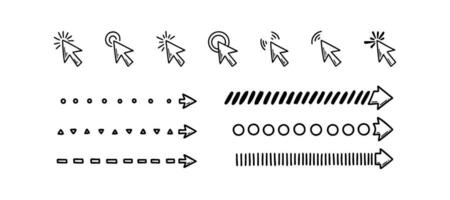 Doodle click icon and arrows set. Hand drawn mouse cursor. Sketch vector illustration. Collection of doodle dot, dash, circle direct narrow pointers.